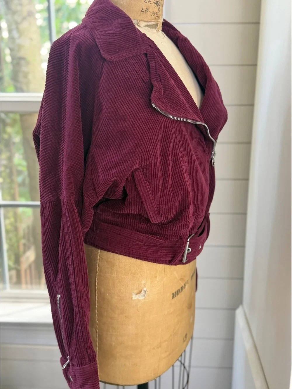Free People Burgundy Corduroy Belted Cropped Moto Boho Chic Jacket Women Small